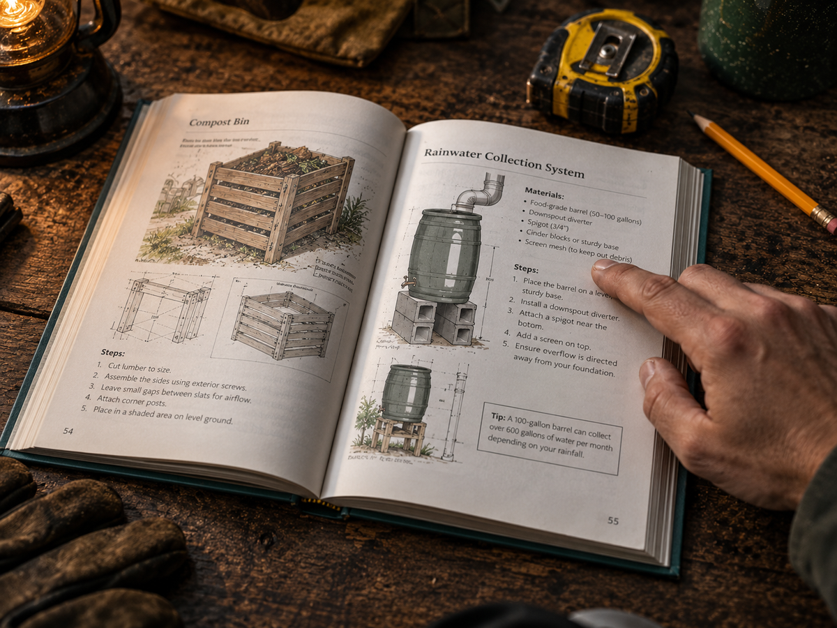 Open survival projects book on a wooden surface with a hand pointing to a materials list