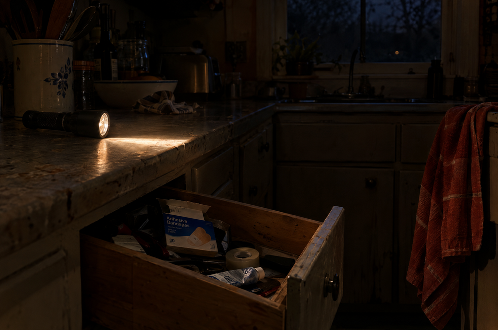 Dim kitchen at night with flashlight and first aid drawer